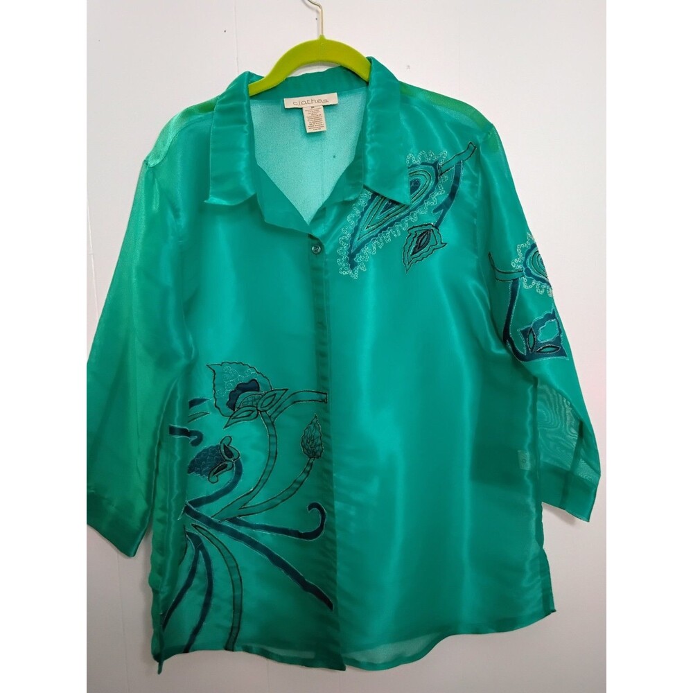 C.L.O.T.H.E.S. Womens Shirt Size XL Sheer with floral applique Button Down